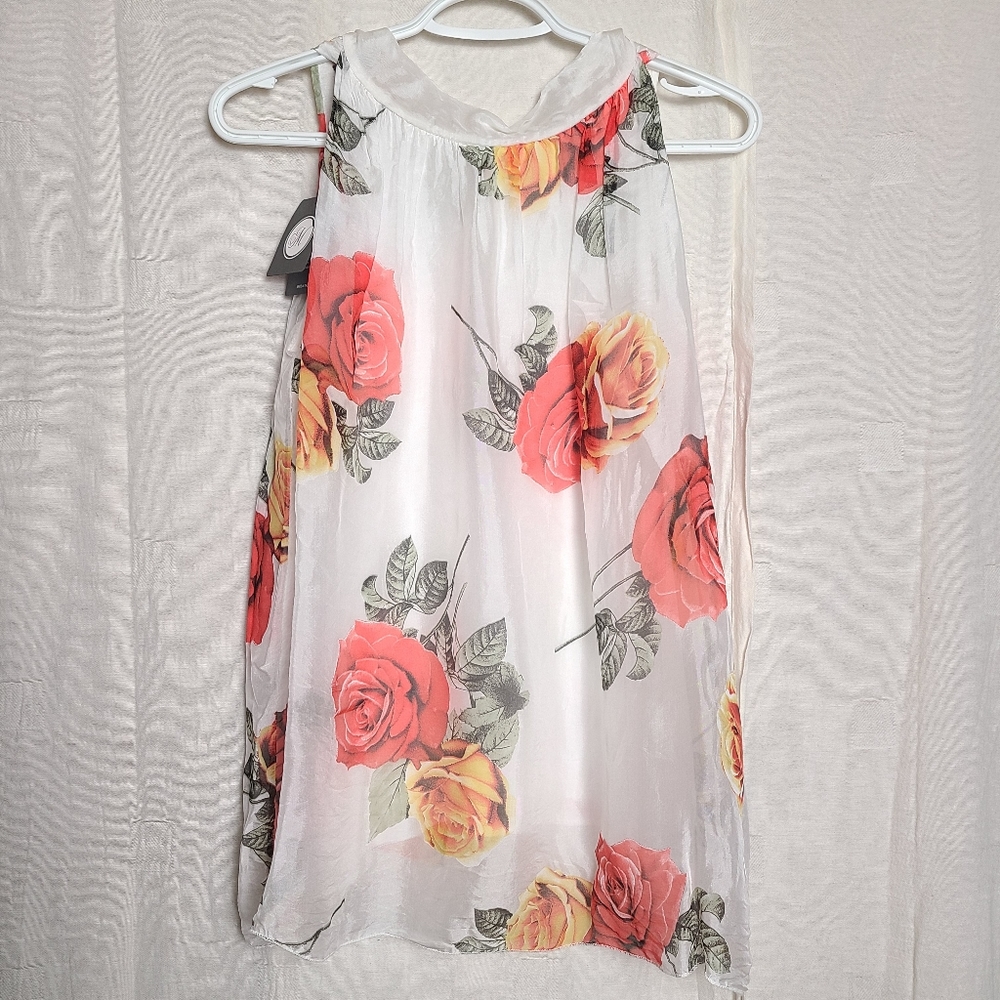M Made in Italy Women's Silk Floral Roses Sheer Tie Back Sleeveless Blouse